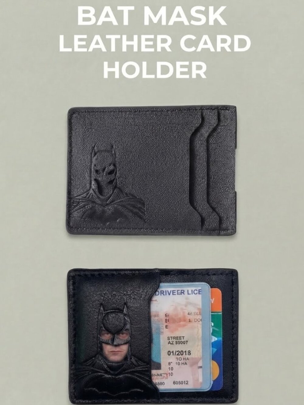 Bat Mask Leather Card Holder - Minimalist Slim Wallet for ID & Credit Cards